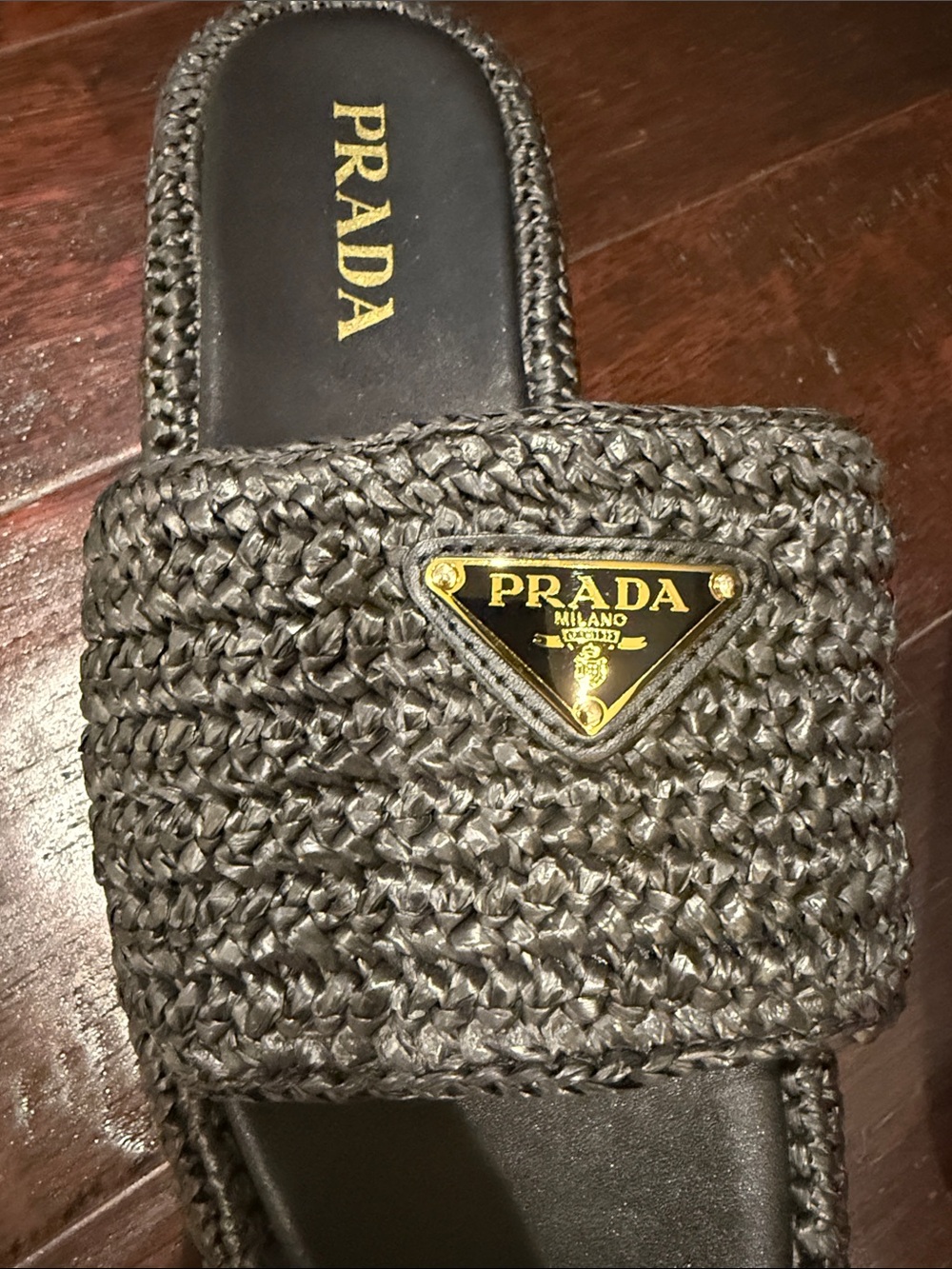 Never Worn Prada Black Woven Slide Sandals with Gold Logo - Picture 3 of 6